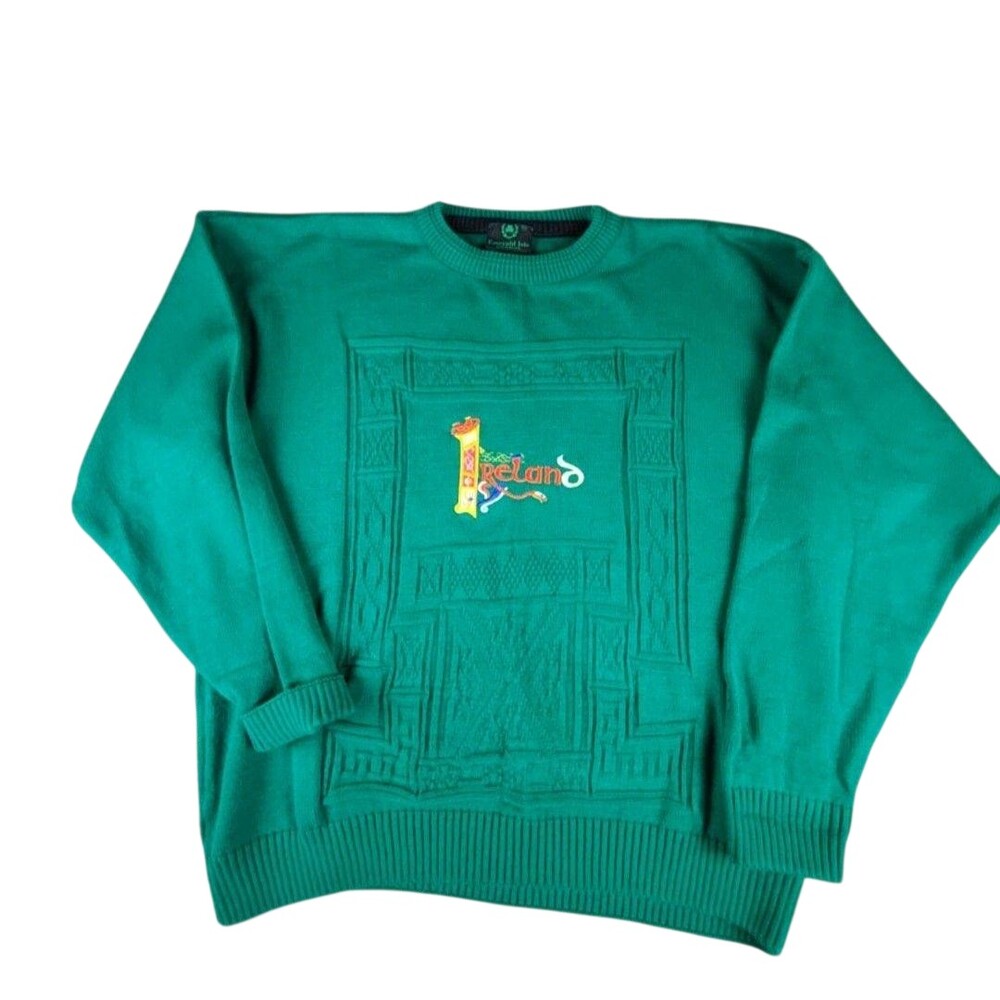 Emerald Isle Sweater Mens XL Green Ireland Graphic Crew Neck Knit Pullover